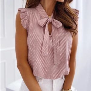 Elegant Ruffles Sleeveless Polka Pot Tie Bow Casual Oversize Pullover Tunic Tops